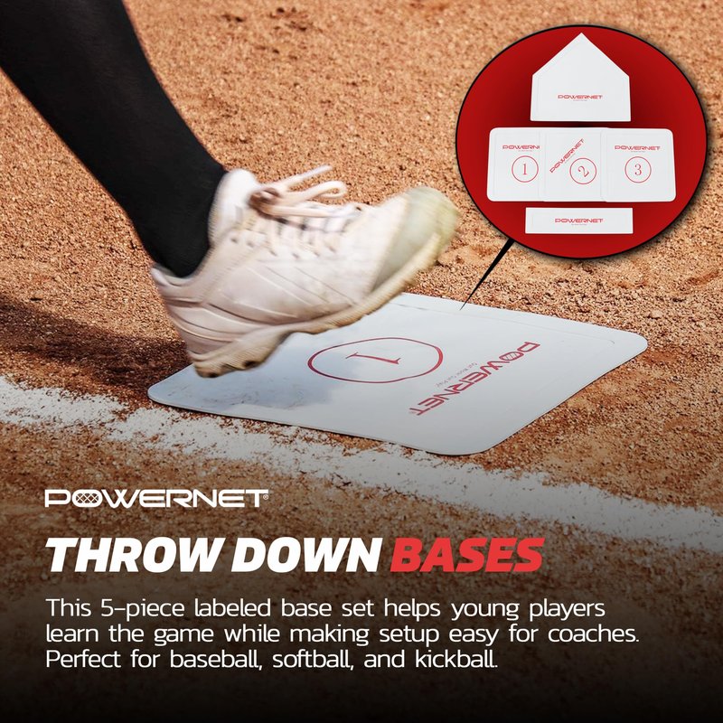 PowerNet 5-Piece Base Set for Baseball, Softball & Kickball, Flexible Anti-Slip Weather Resistant Rubber Bases for Yard Games