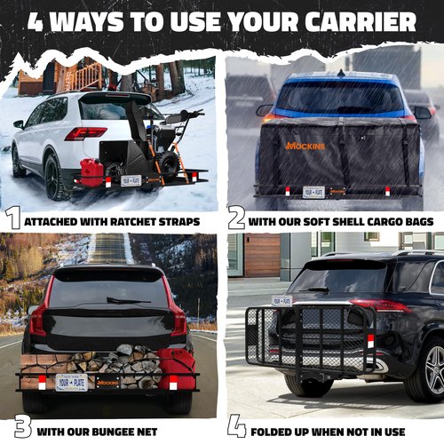 Mockins 60"x20"x6" Heavy Duty Trailer Hitch Cargo Carrier w/License Plate Holder & 16 Cu.Ft. Waterproof Cargo Bag for Hitch Carrier | All-Weather 500 Lbs. Cap Folding Luggage Rack for SUV Car & Truck