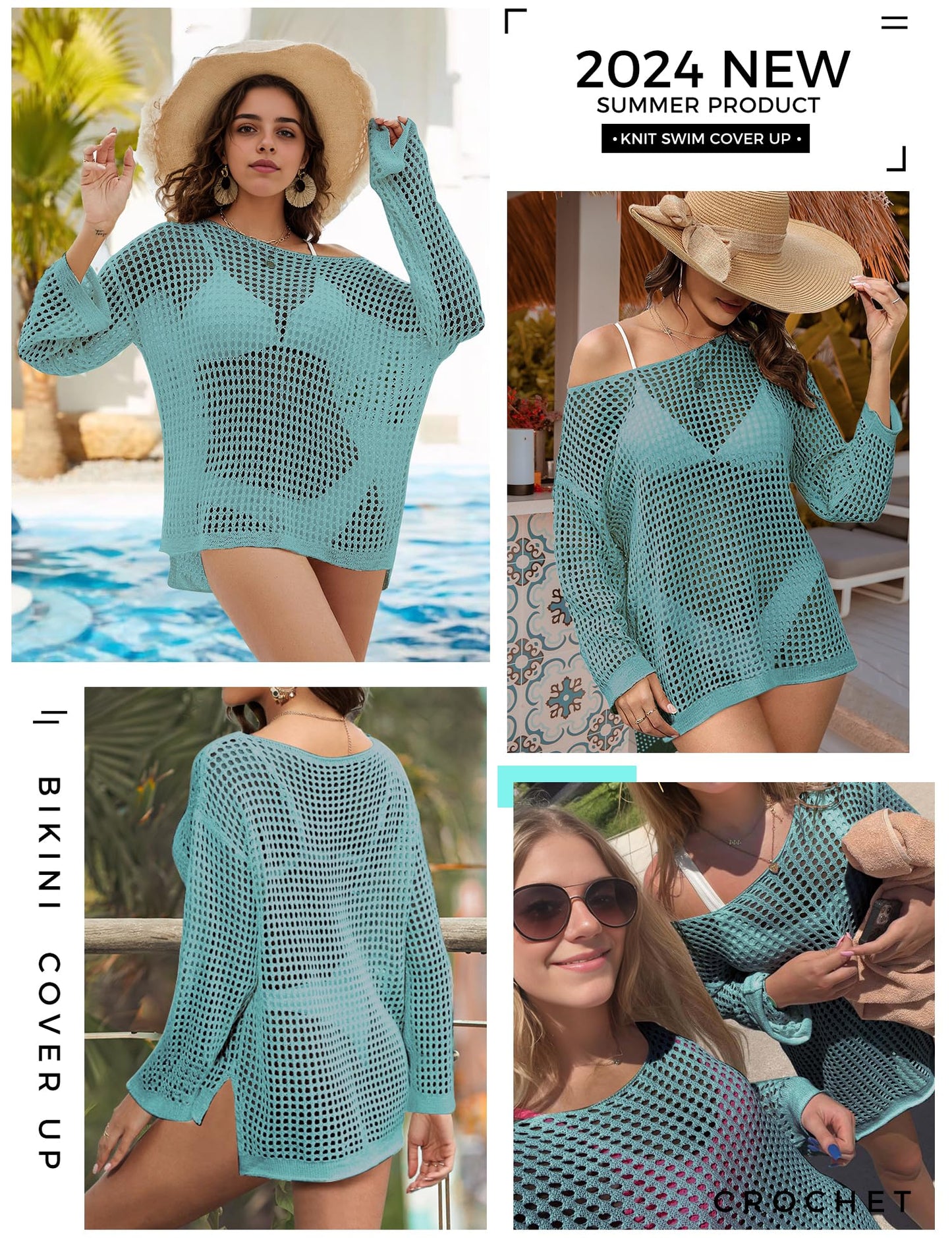Buauty Swimsuit Cover Up for Women, Crochet Boat Neck Off Shoulder Beach Bikini Cover Up Dress, Summer Vacation, S-XL