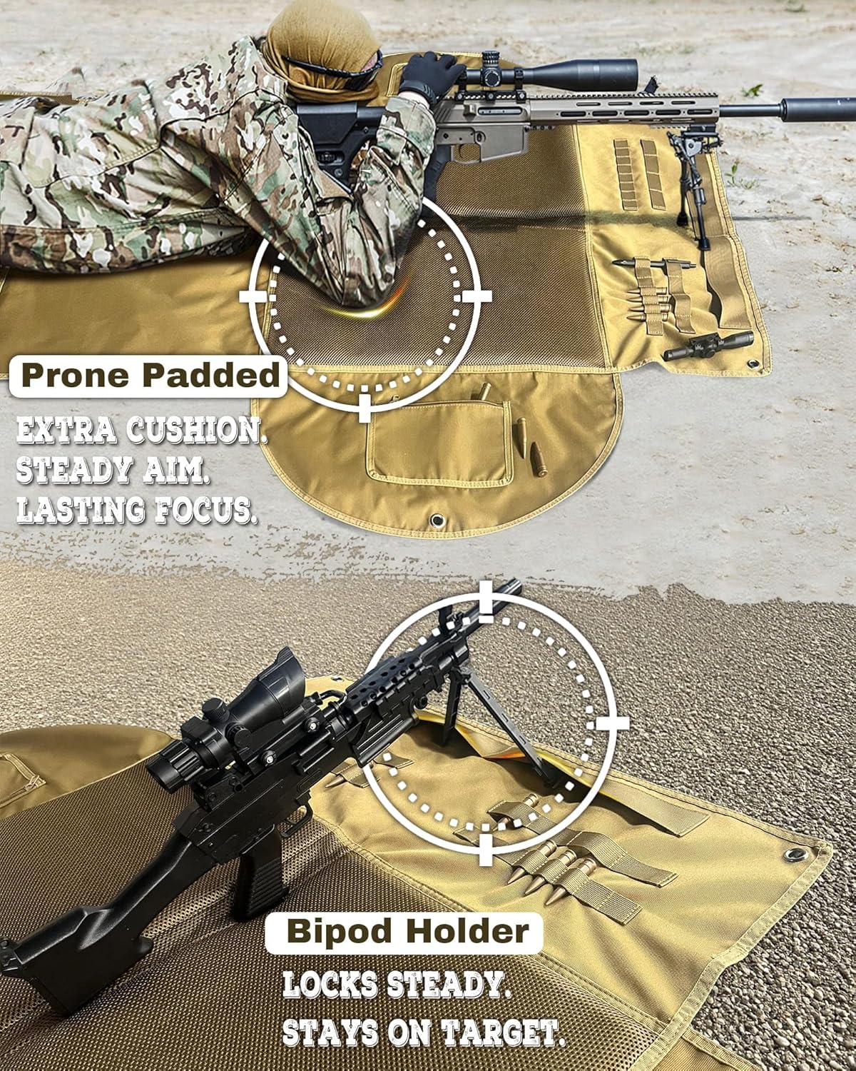 IC ICLOVER Shooting Mats Prone Padded, Tactical Shooting Mat with Widen Elbow Wings, Pockets, Molle Webbings, Bipod Holder, Roll Up Portable Waterproof Hunting Mats for Rifle Long Range Shooting