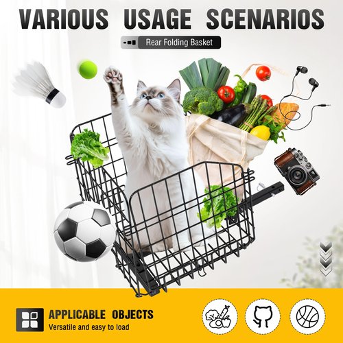ECOTRIC Rear Folding Basket Compatible with Most Pride Mobility Scooters Waterproof Made of Steel and Works with 1" Receiver Storage Cargo Basket Black