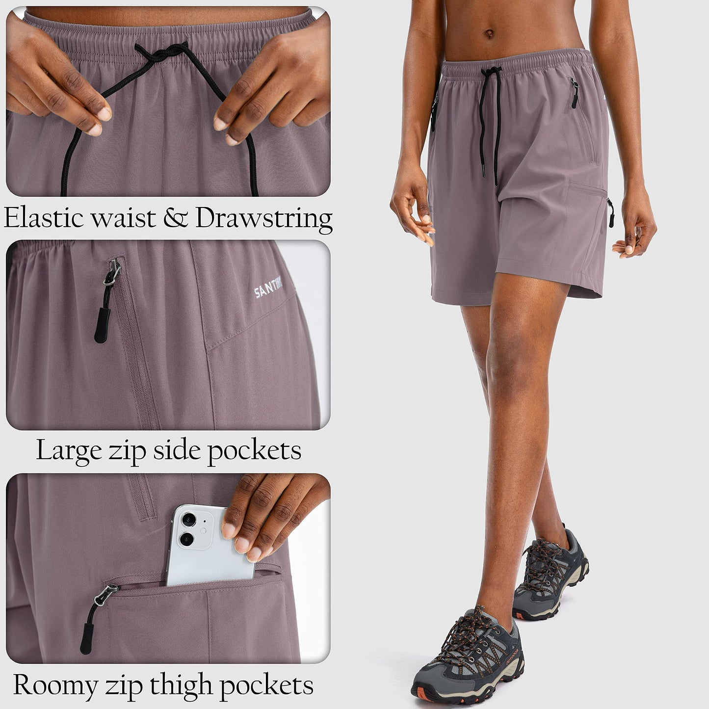 SANTINY Women's 5''/ 7''/9'' Hiking Cargo Shorts Quick Dry Lightweight Summer Shorts for Women Athletic Golf Zipper Pockets(Dusty Purple_L)