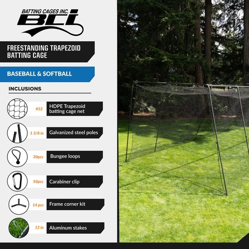 BATTING CAGES INC. BCI Freestanding Trapezoid Batting Cage with Net, Frame, Corner Kit, and Stake Down Kit, Baseball and Softball Training Equipment (55 Feet)