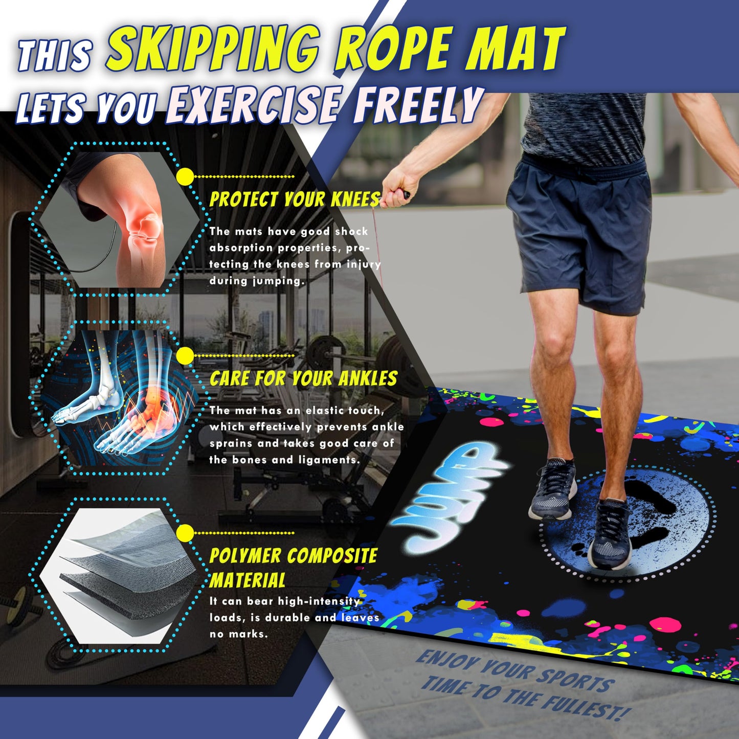 Isyorefam Large Rubber Jump Rope 63"L x 24"W x 0.25" Th Shock Absorbing & Non-Slip Design with Diatom Mud Layer Indoor/Outdoor Exercise Mat for Home Gym, Fitness & Training-Blue