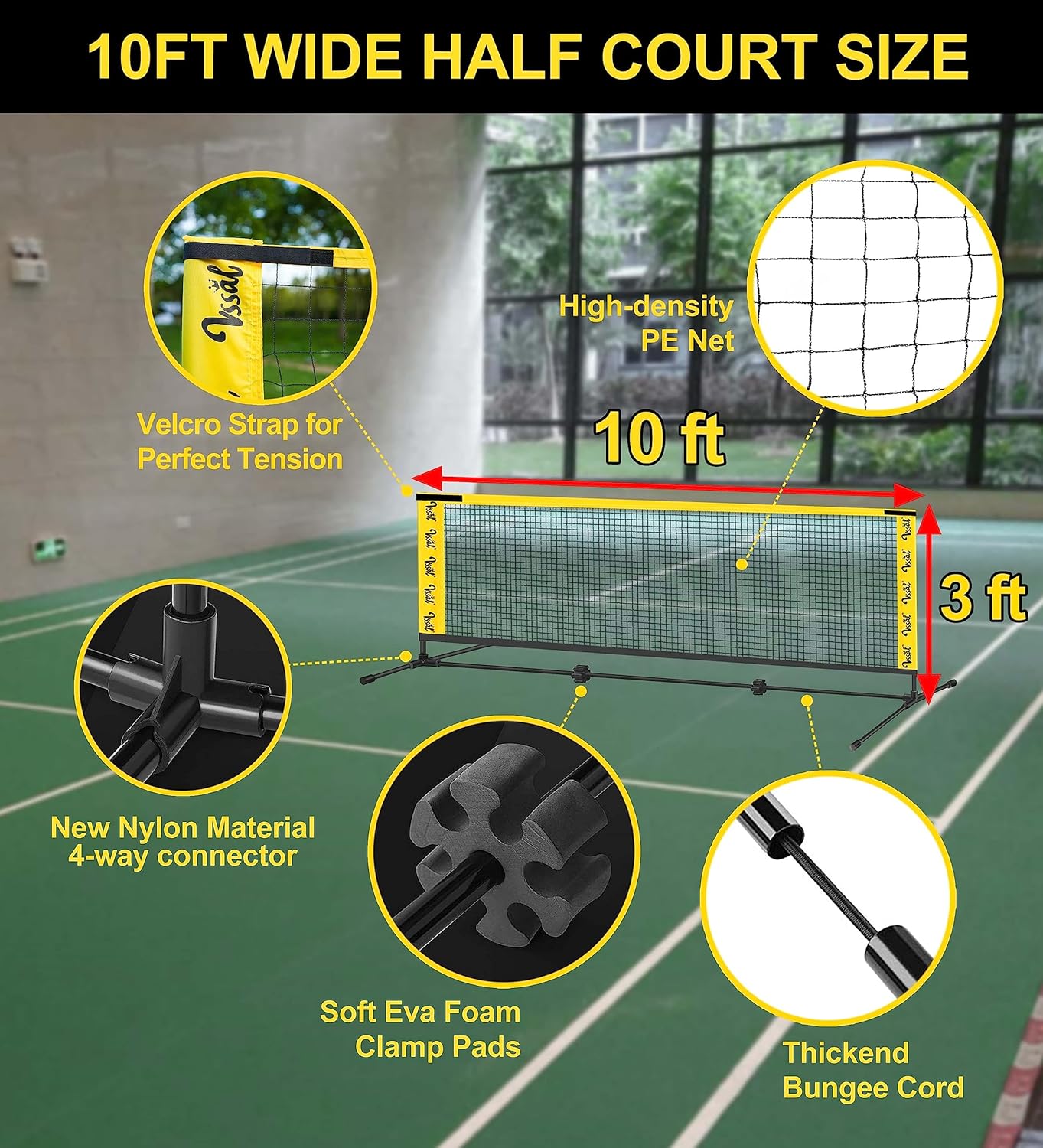 10FT Portable All-in-One Badminton, Pickleball and Kids’ Volleyball Net Set Half Court (10ft Wide x 7ft max Height) Small Outdoor Sports Set with Adjustable Net for Backyards Beach Driveway Game