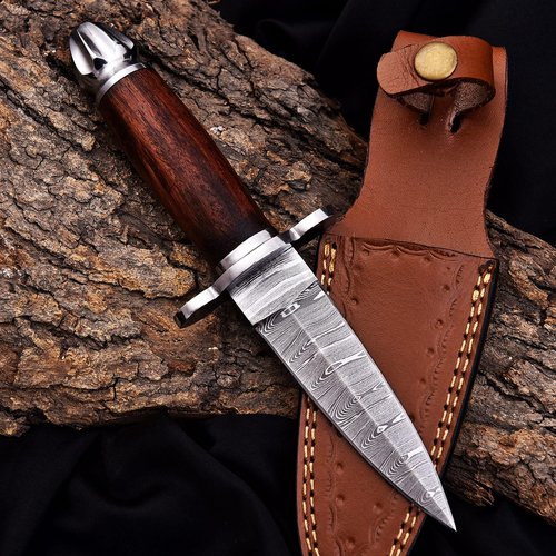 FBcrafts Handmade Damascus Dagger - Double Edge Knife, 8.5 in Edc Fixed Blade for Hunting Wood Handle Leather Sheath