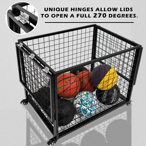 Ball Cart Garage Sports Equipment Organizer with Lockable Lid, Basketball Storage Bin for Indoor Outdoor, Rolling Exercise Ball Cart Holder for Gym, School, Club