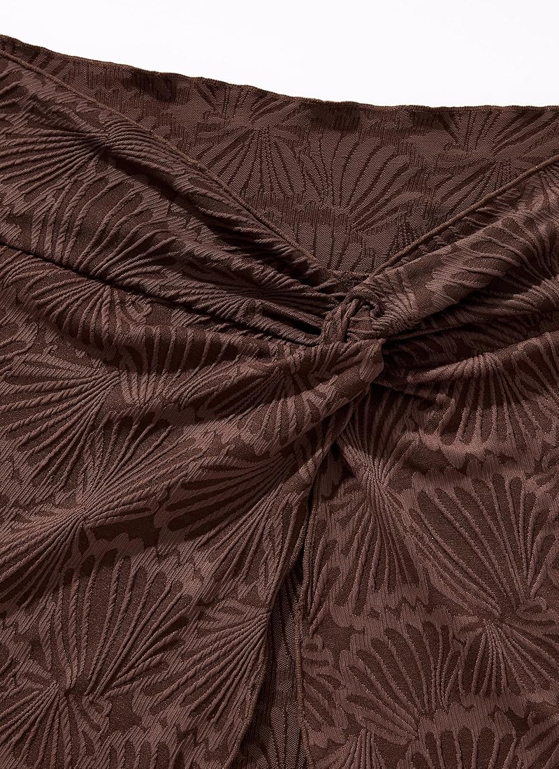 Deep Brown High-Wwaisted 3-Piece Textured Bikini Set with Skirt - Halter Top