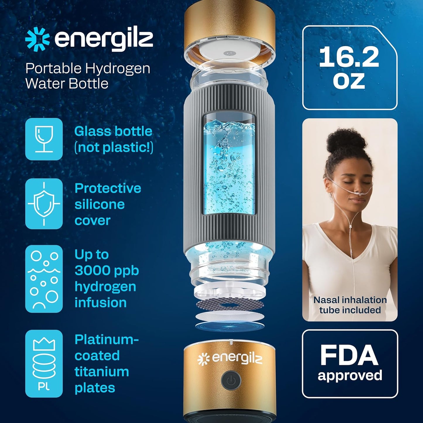 Hydrogen Water Bottle | Large 16.2 oz (480 ml) Hydrogen Water Bottle Generator 3000ppb | Hydrogenator Machine | SPE/PEM Hydrogenated Ionizer Generator (Steel w/Black)