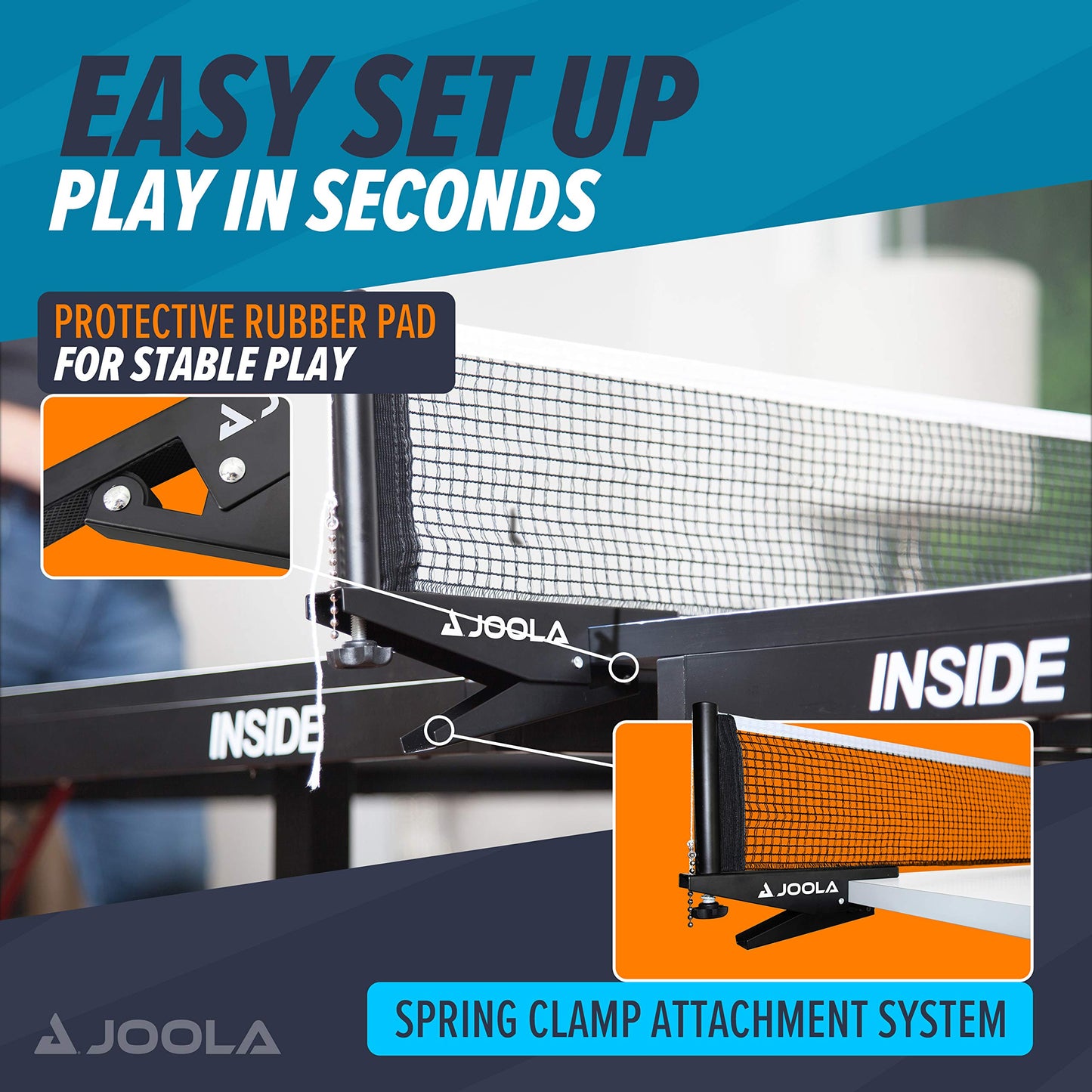 JOOLA Premium Inside Table Tennis Net and Post Set - 72" Regulation Size - Portable and Easy Setup - Ping Pong Spring Clamp Net - Black