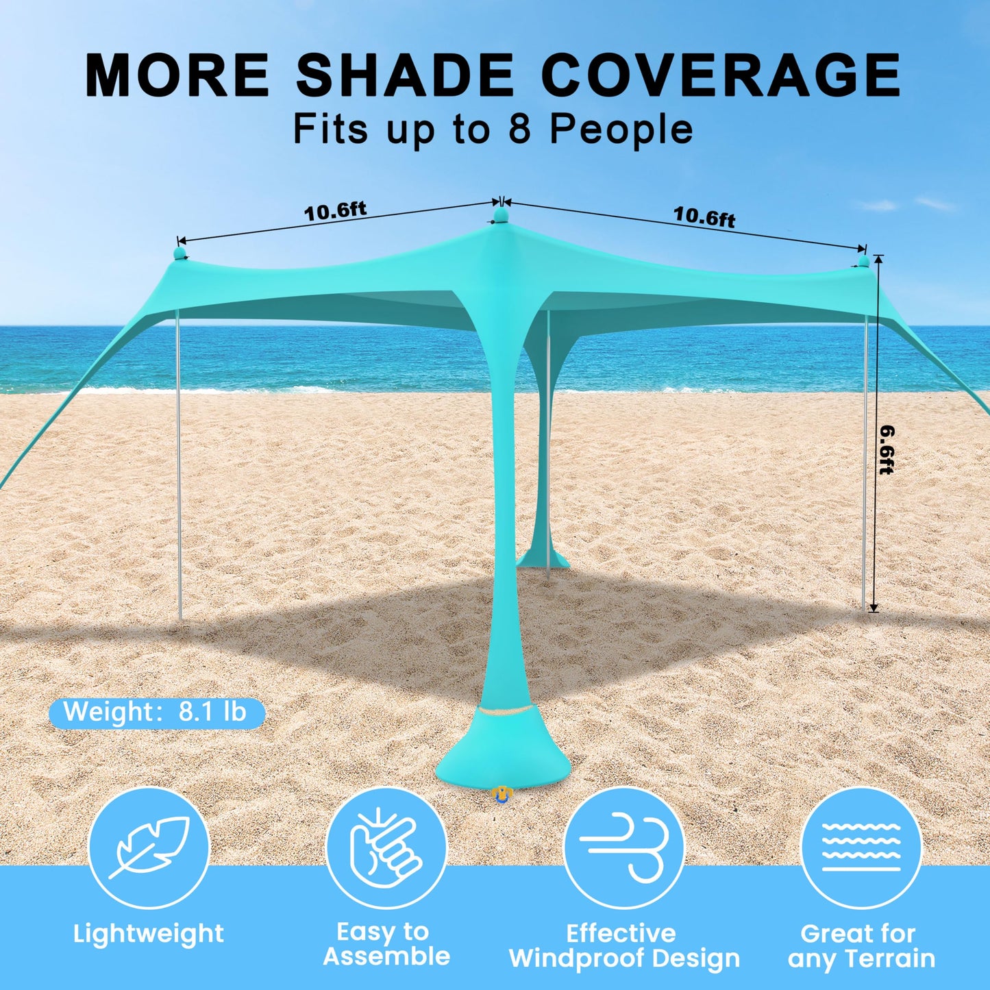 ihuan Beach Tent Sun Shelter 10X10FT UPF50+ with 4 Aluminum Foldable Poles, Easy Setup Outdoor Shade Canopy for 8 Person, Cool Cabana for Fishing, Family Trips, Backyard Picnics
