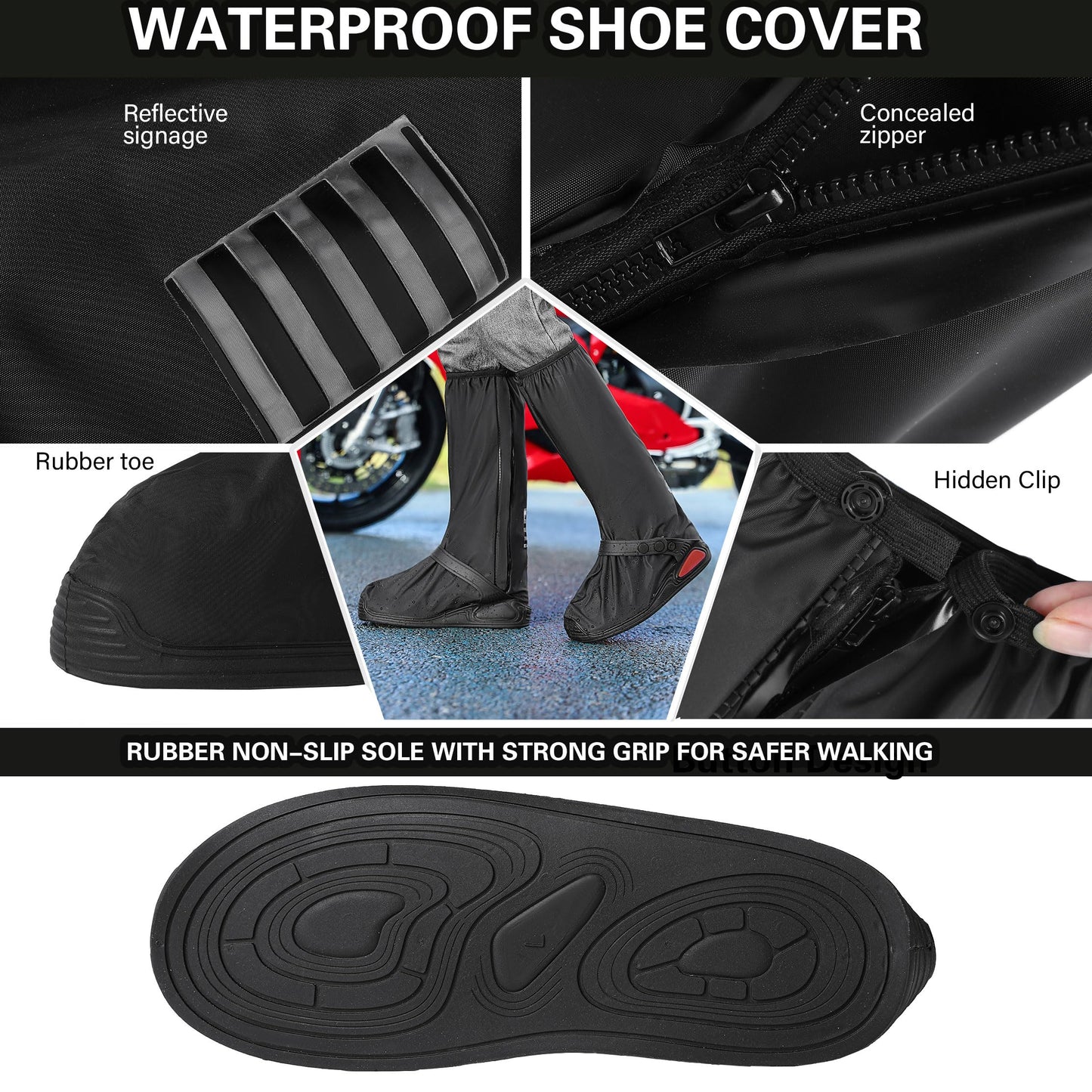 iCreek Waterproof Shoe Covers Reflective Rain Boot Foldable Non-Slip Protective Overshoes for Rainy Day, Hiking, Outdoor (Black, X-Large)