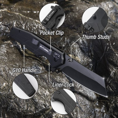 FLISSA Pocket Knife, 3.5" Folding Stonewash Blade Tactical Knife, G10 Handle, for Outdoor, Survival, Hunting and Camping, Great Gifts for Dad
