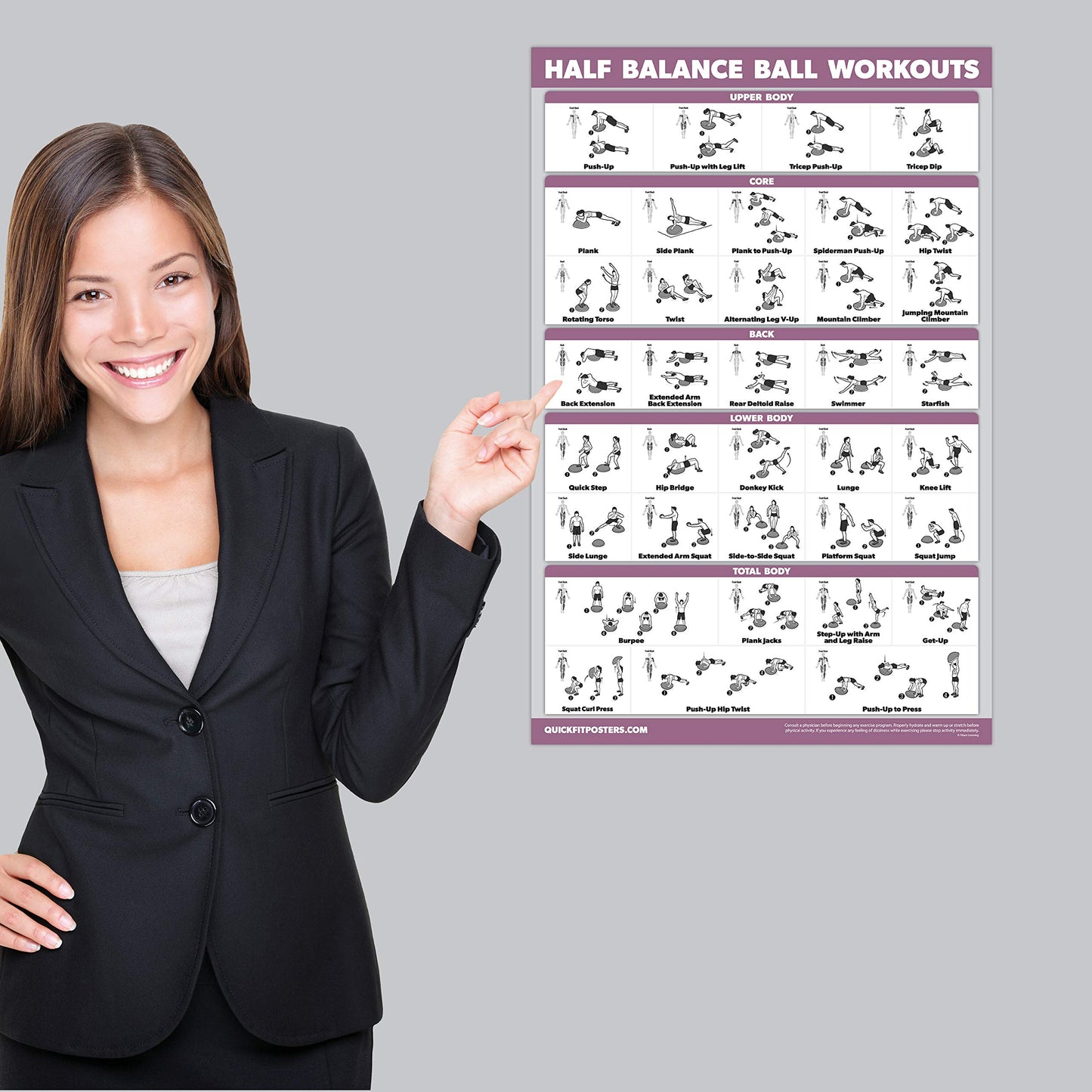 2 Pack: Half Balance Ball Workout Poster + Yoga Ball Exercise Chart - Set of 2 Workout Posters (LAMINATED, 18" x 24")