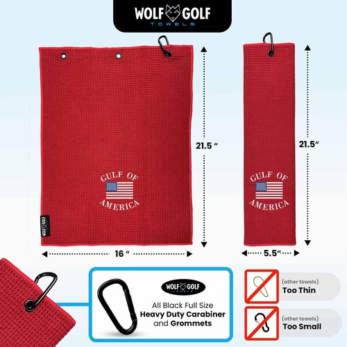 Wolf Golf Towels | Gulf of America Golf Towel | Funny Golf Gifts | Golf Bag Accessories | Embroidered Red Microfiber Golf Towel