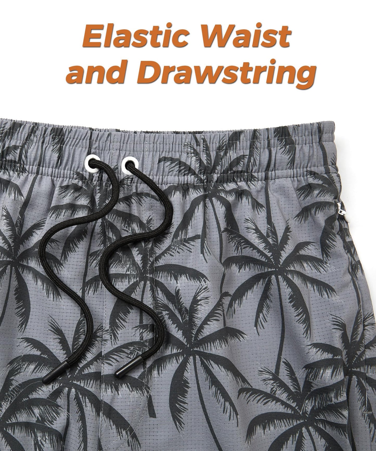 ELETOP Men's Swim Trunks with Compression Liner Bathing Suit Beach Board Shorts with Zipper Pockets Coconut Tree Gray L