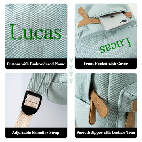 MT WORLD Daycare Backpack - Personalized Canvas Backpack with Name - Classic 15inch Daypack with Back Pocket - Custom Daycare Diapering Bag for Overnight Travel Birthday Gifts (Lake Green, Large)