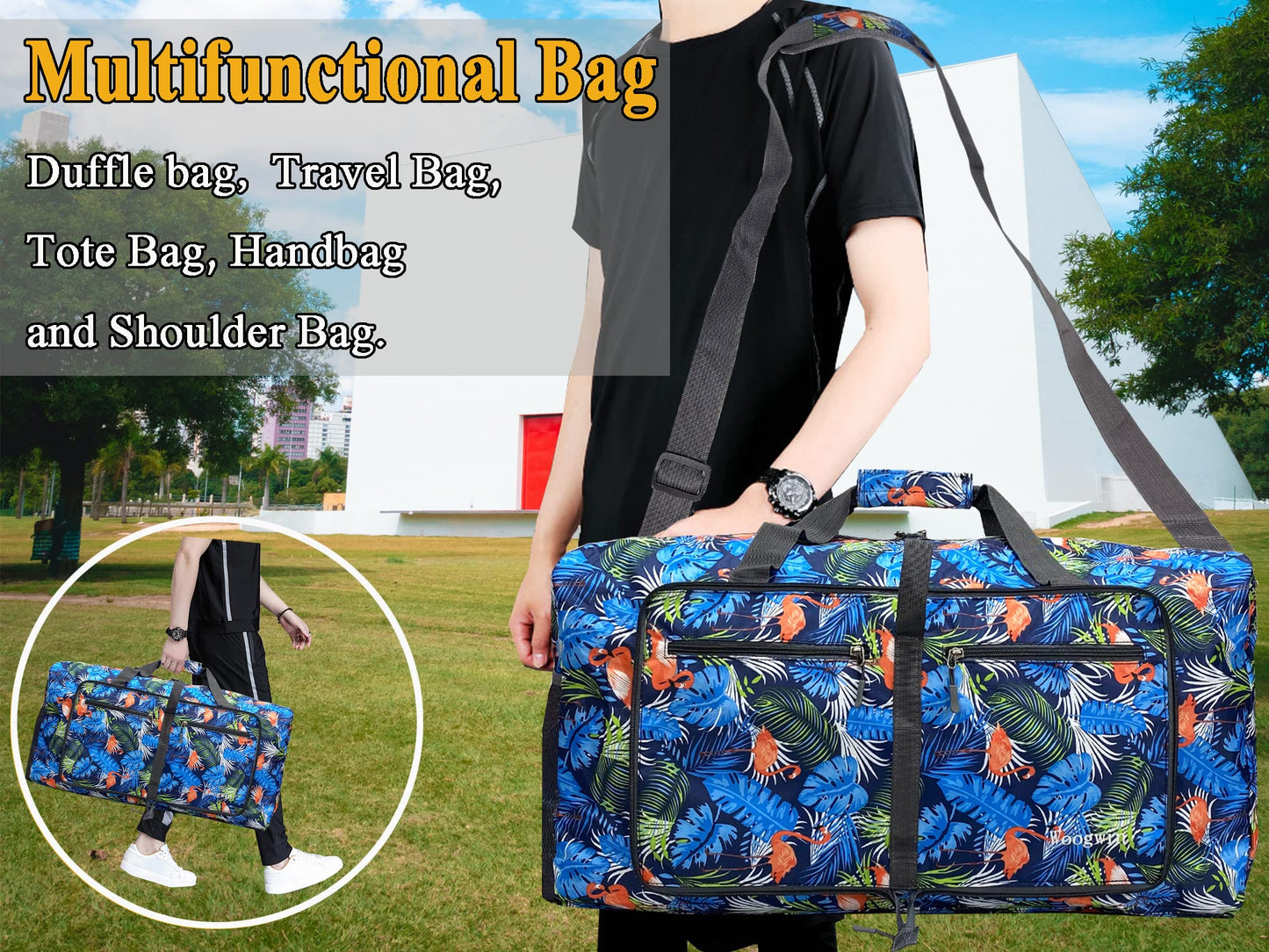 Woogwin Travel Duffel Bag Large Foldable Waterproof Overnight Bag for Beach Swim Bags Pool Sports Gym (Light Blue Leaf)