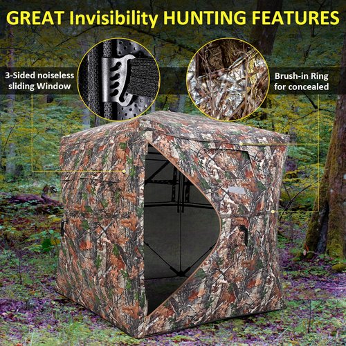 Portable Hunting Blind 270° See Through with Carrying Bag, 2-3 Person Pop Up Ground Blinds with Silent Zipper Door & Sliding Windows, Resilience Hunting Tent for Deer & Turkey Hunting