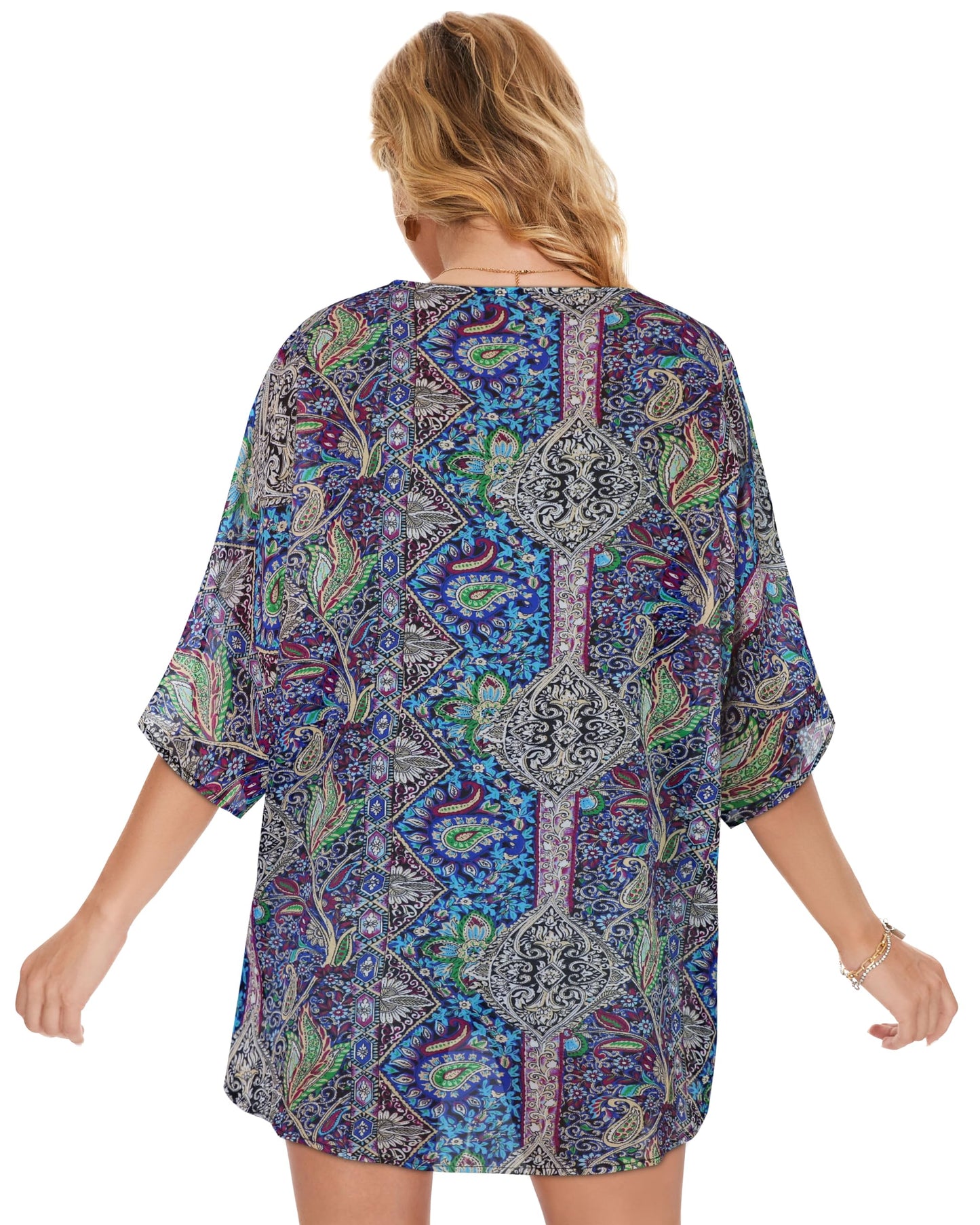Women's Floral Kimono Print Puff Sleeve Loose Cardigan Cover Up Casual Blouse Tops (Blue Purple Bohemia Print, M)