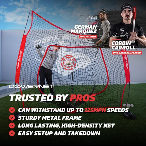 PowerNet Baseball & Softball Practice Net 7x7 FT, Outdoor Baseball Training Equipment for Pitching & Batting Practice (Red Net)