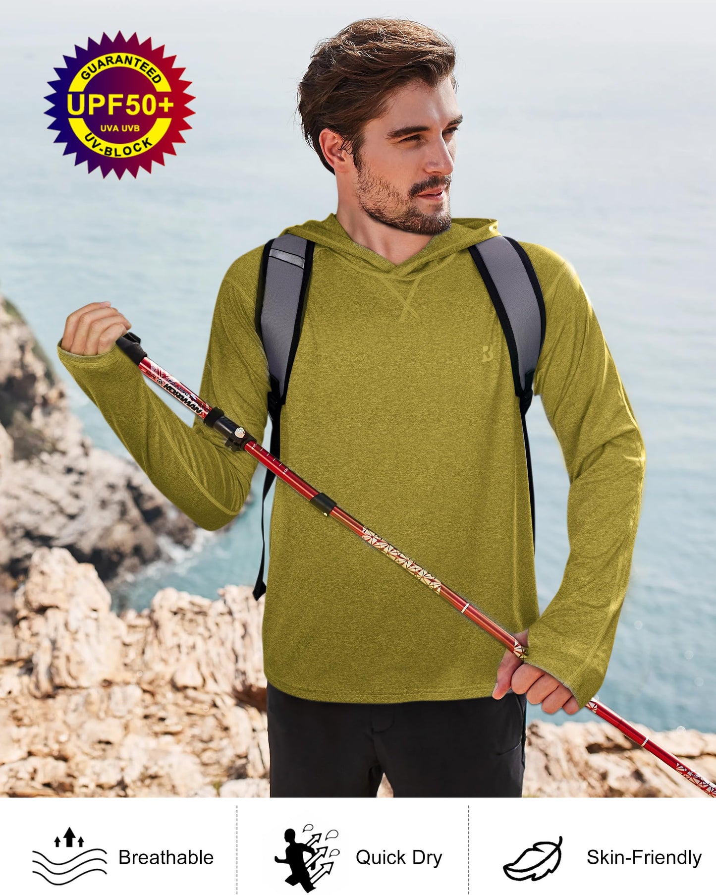 Roadbox Mens UPF 50+ Fishing Shirts, Long Sleeve UV Sun Hoodie, Hiking Running Swim Athletic Workout Shirt