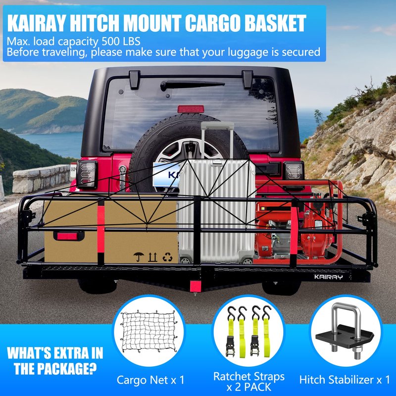 KAIRAY 500 Lbs Heavy Duty Hitch Mount Cargo Carrier 60"x24"x14.4" Folding Cargo Rack Rear Luggage Basket Fits 2" Receiver for Car SUV Camping Traveling with Hitch Stablizer Cargo Net Ratchet Straps