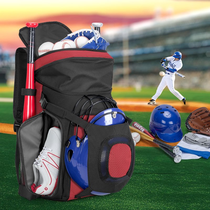 Smasrob Baseball Bag for Adult and Youth, Baseball Backpack Softball Bag with Helmet Holder, Shoe Compartment and Fence Hook, Red
