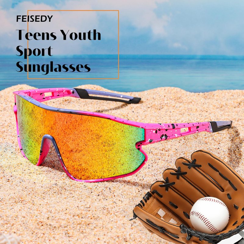 FEISEDY Unisex Youth Sunglasses, Teens Baseball Tennis Sunglasses, UV400 Sports Boys Girls Cycling Shades B4064 (Pink Frame/Purple Red Mirror)