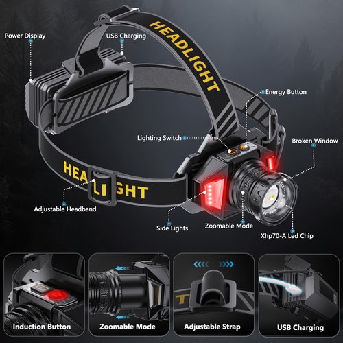 LED Headlamp Rechargeable,3000 High Lumens Head Lamp with 12 Modes & 90H Long Battery Life & Motion Sensor & IPX7 Waterproof,90° Adjustable Headlight for Outdoor Camping,Cycling,Hiking