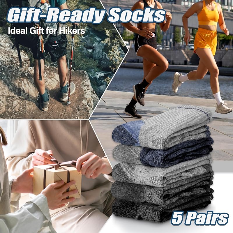 ANTsang Merino Wool Hiking Socks, Enhanced Breathability 5-Pair Set - Blue/Gray/Black, Large