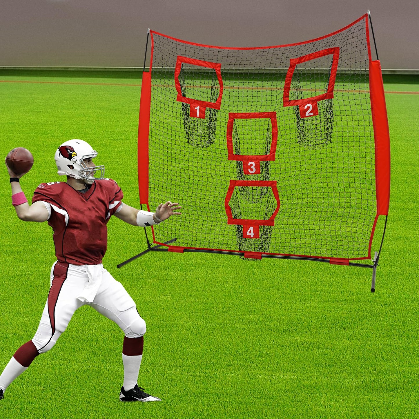 KeruRome 7 x 7ft Football Trainer Throwing Net Quarterback Training Equipment with 4 Target Pockets, Training Throwing Target Practice Football Practice Throwing Passing Accuracy Trainer