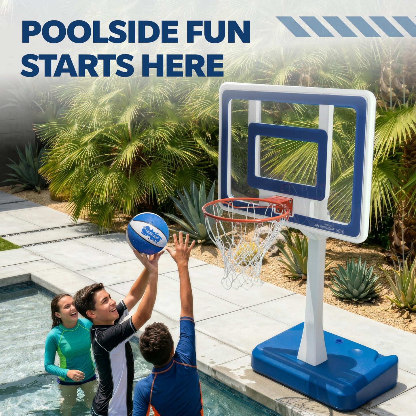 GoSports Splash Hoop Elite Pool Hoop Basketball Game with Water Weighted Base, Adjustable Height, Regulation Steel Rim and 2 Pool Basketballs - Blue