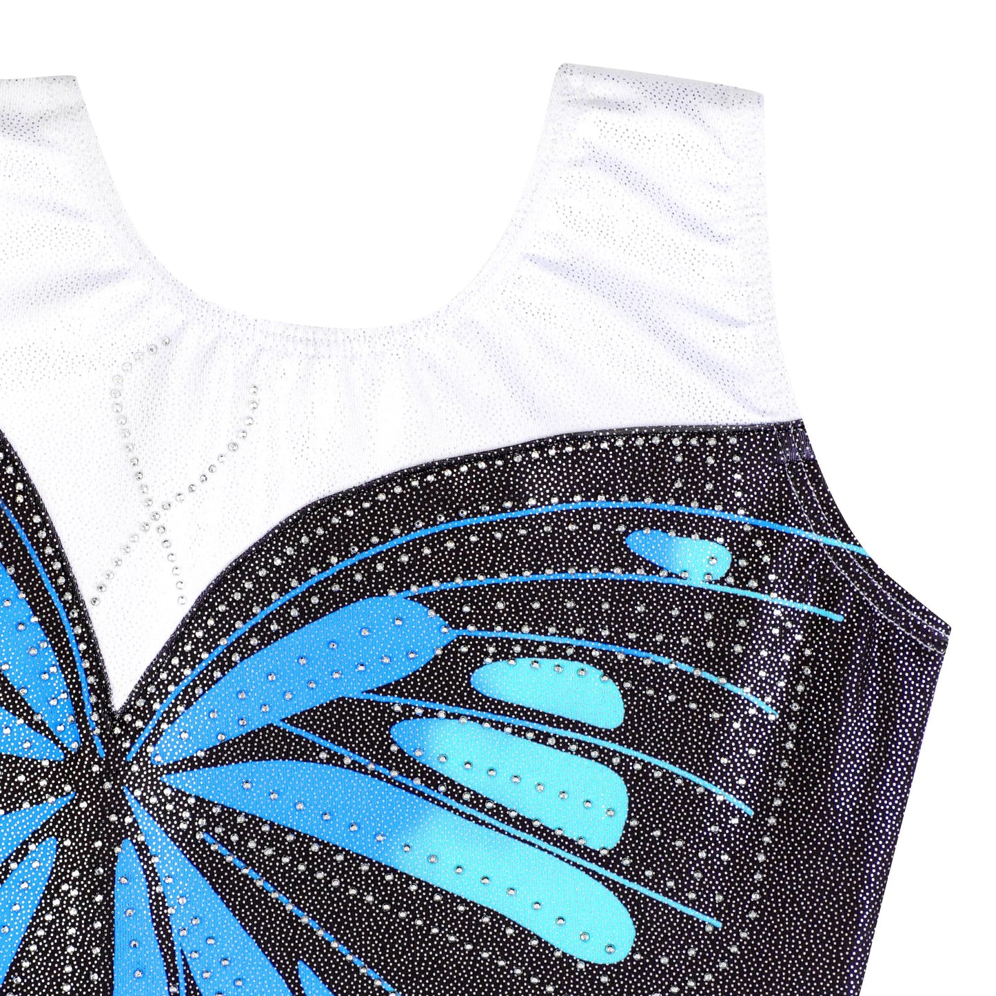 HOZIY Gymnastics Leotards for Girls Butterfly Blue Black White Spliced Biketard Tumbling Outfits Rhinestone Diamond 7-8 Years