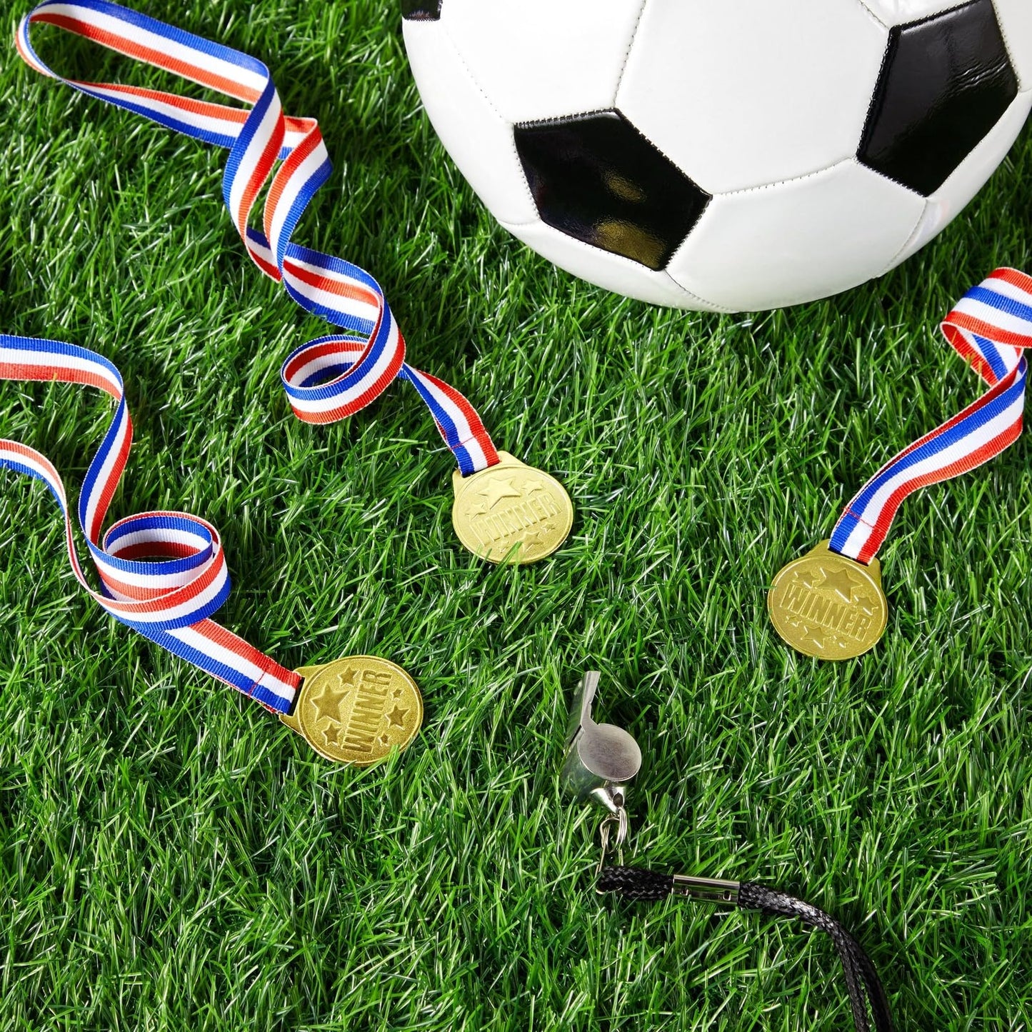 Juvale Gold Medals for Awards - 1.5 in Metal Winner Medals with 15.3 in Red, White & Blue Ribbon - Bulk 24 Pack for Kids & Adults Sports, Academic & Tournament Participation