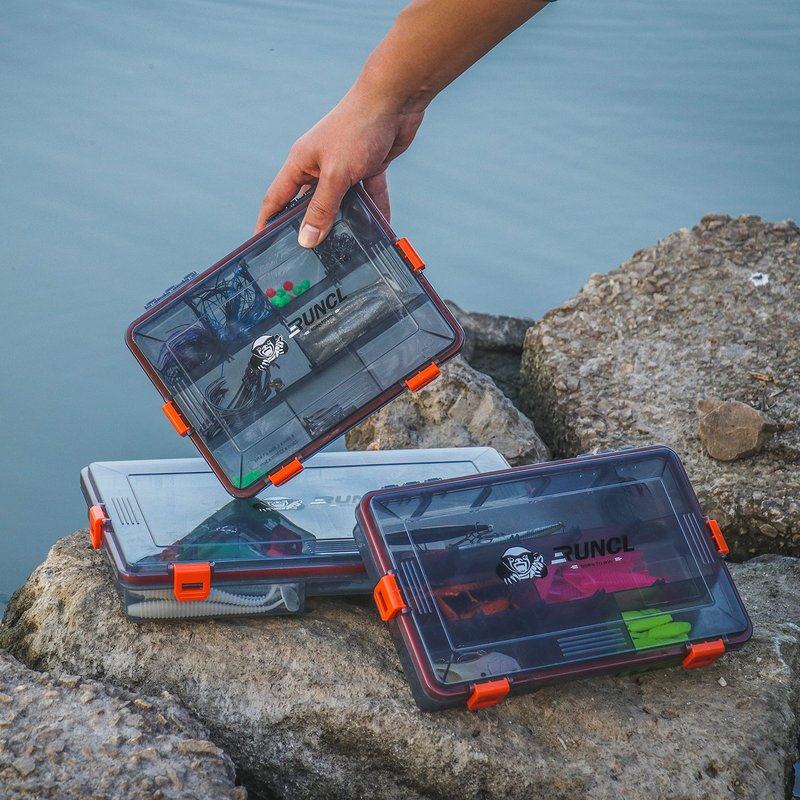 RUNCL Fishing Tackle Box, Waterproof Airtight Stowaway, 3600/3700 Tray Tackle Box with Adjustable Dividers, Plastic Storage Organizer (4pcs 3700)