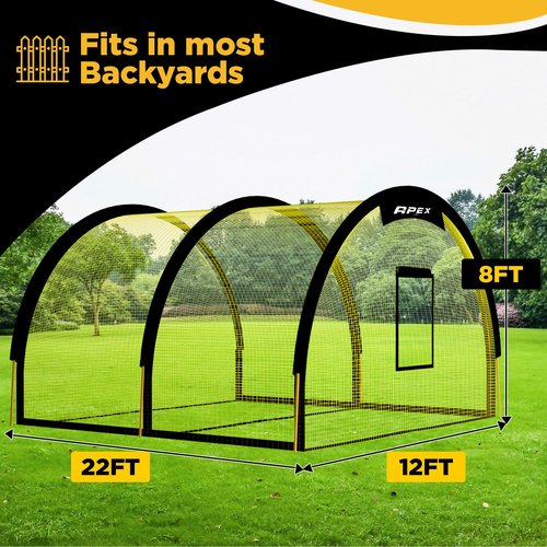 Apex Sports Portable 22ft x 12ft x 8ft Baseball & Softball Batting Cage with Pitching Machine Hole, 3ply 1.25'' Yellow Netting, Secure Steel Poles, 12.7MM Fibreglass Poles, Carry Bag Included