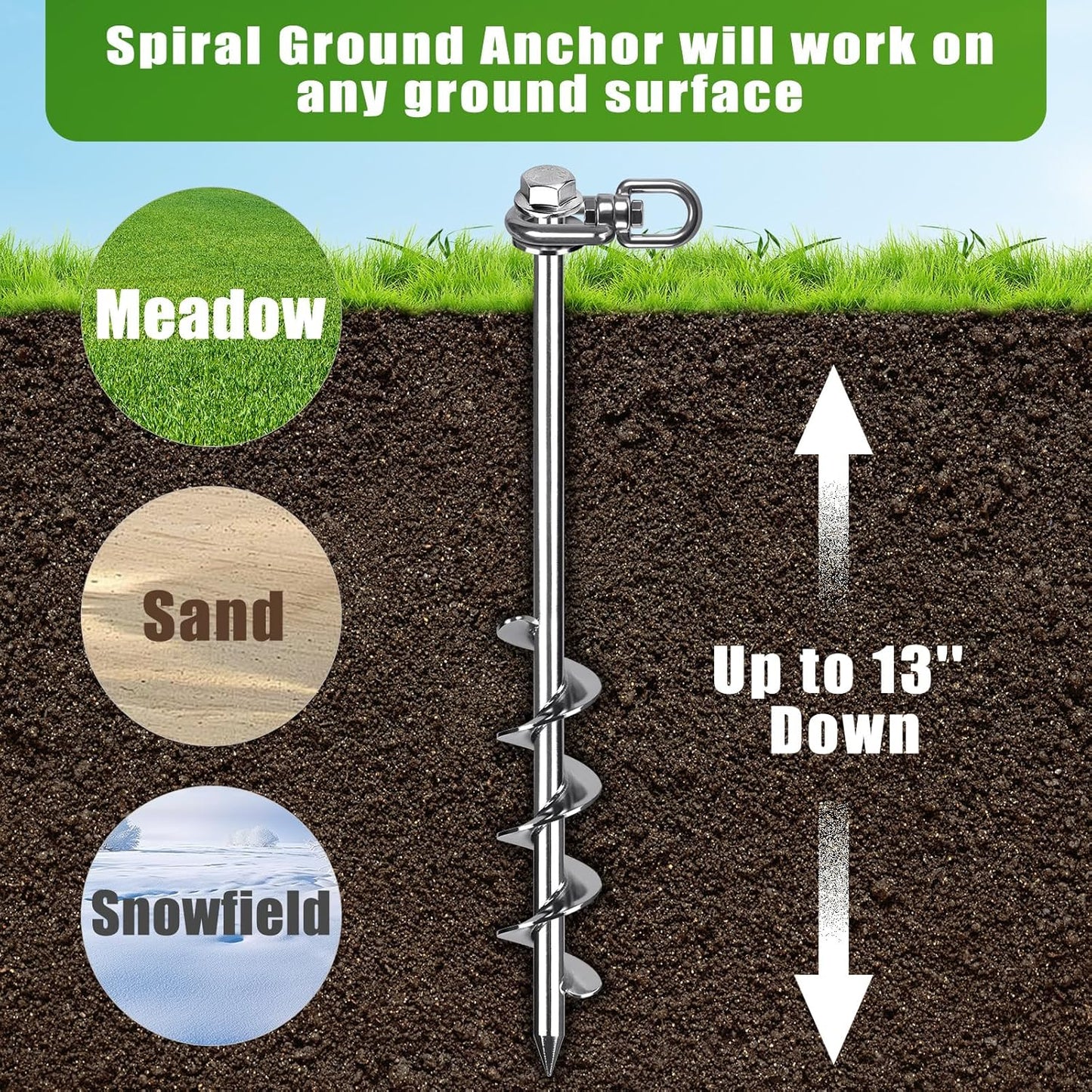 14" Ground Anchors with a Hex Head and 360° Swivel Adjustment (4Pack), Tent Stakes Heavy Duty for Trampolines, Mobile Homes, Swing Sets, Sheds, Carports, and Securing Animals - Chrome Plated