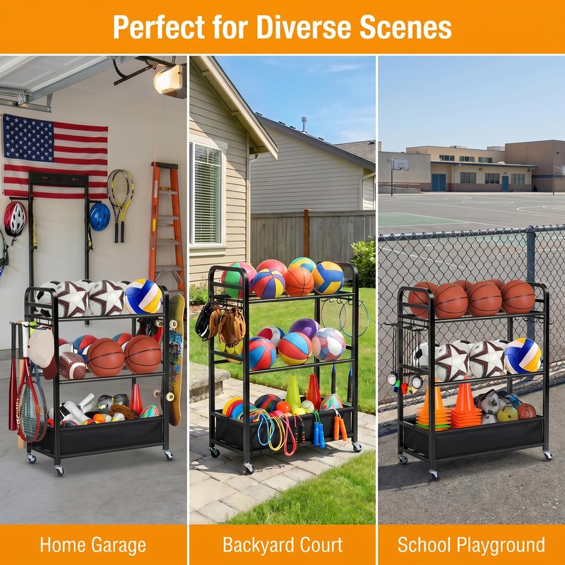 EXTCCT Ball Storage Sports Equipment Organizer - Garage Storage Cart Rolling Ball Storage Rack with Hooks Wheels Outdoor Indoor Gym Gear Toy Holder Bin for Basketball, Baseball, Soccer