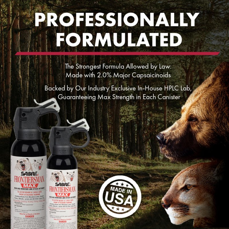 SABRE Frontiersman MAX Bear Spray & Mountain Lion Deterrent – 40‑Foot Range, Max Strength 2% Major Capsaicinoids, EPA‑Registered, Self Defense for Hiking, Camping, Hunting, Fishing & Biking, 9.2 oz