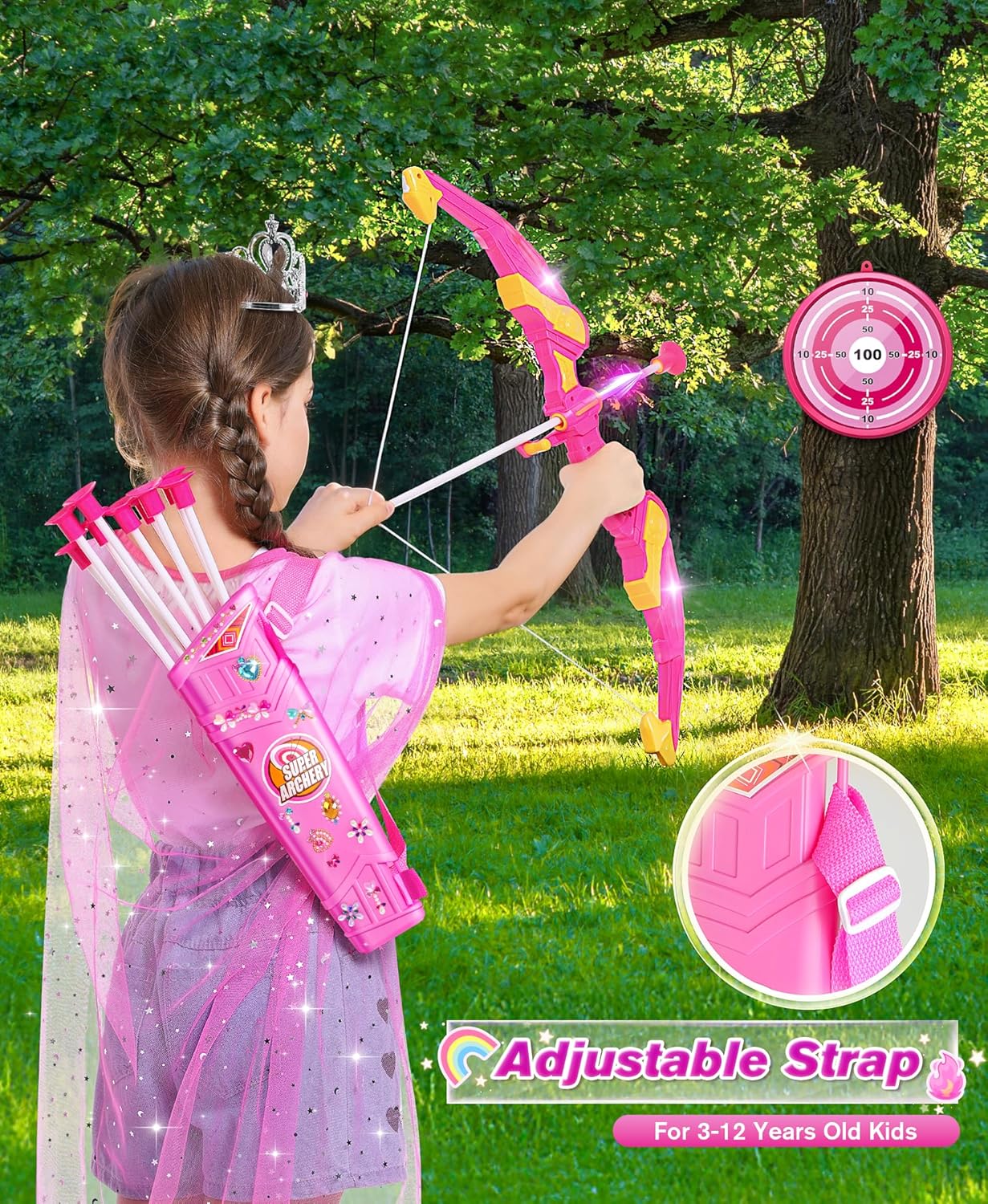 Kids Bow and Arrow Set Toys for Girls, LED Light Up Archery Bow Set with Princess Cape and Crown, 10 Suction Cup Arrows, Indoor and Outdoor Play Birthday Gift Toy for Kids Boys Girls
