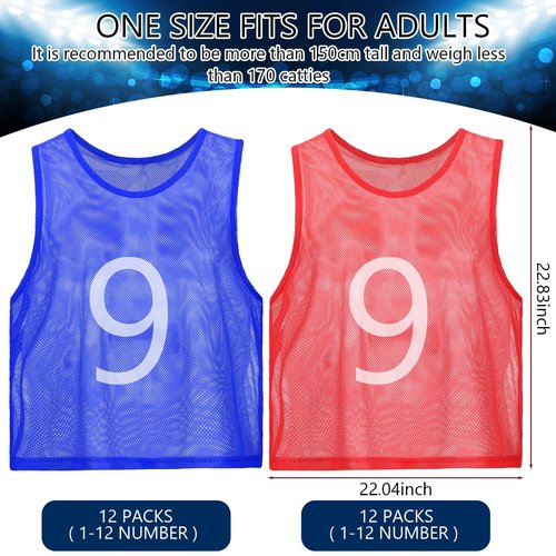 JenPen 24 Pcs Nylon Mesh Pinnies with Numbers Scrimmage Jerseys for Scrimmage Vest Soccer Bibs for Youth Adult with Carry Bag(Blue, Red)
