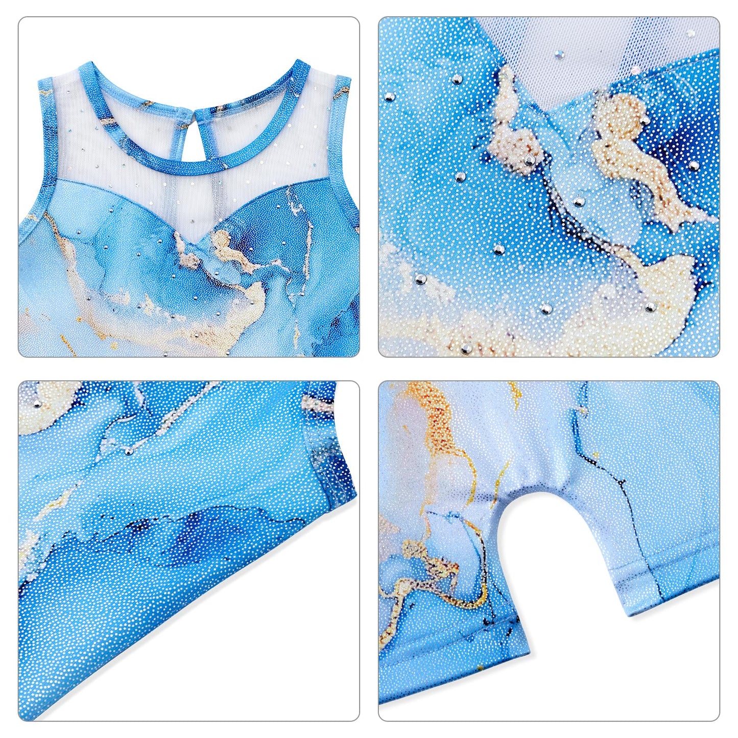 HOZIY 5t Gymnastics Leotards for Girls Size 4t Years Blue White Marble Falling Diamond Rhinestone Spliced Tumbling Outfits Biketard Practice Ropa De Niña Para Gimnasia Suit