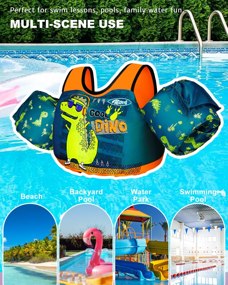 AEOCOO Puddle Float Jumper 30-50-60-70 Pounds, Toddler Swim Vest for 2-3-5-7 Years Old, Pool Floats with Swimming Arm Floaties Swim Jacket for Kids Swimmies, Boys, Girls, NiΓ±os, Cool-Dino