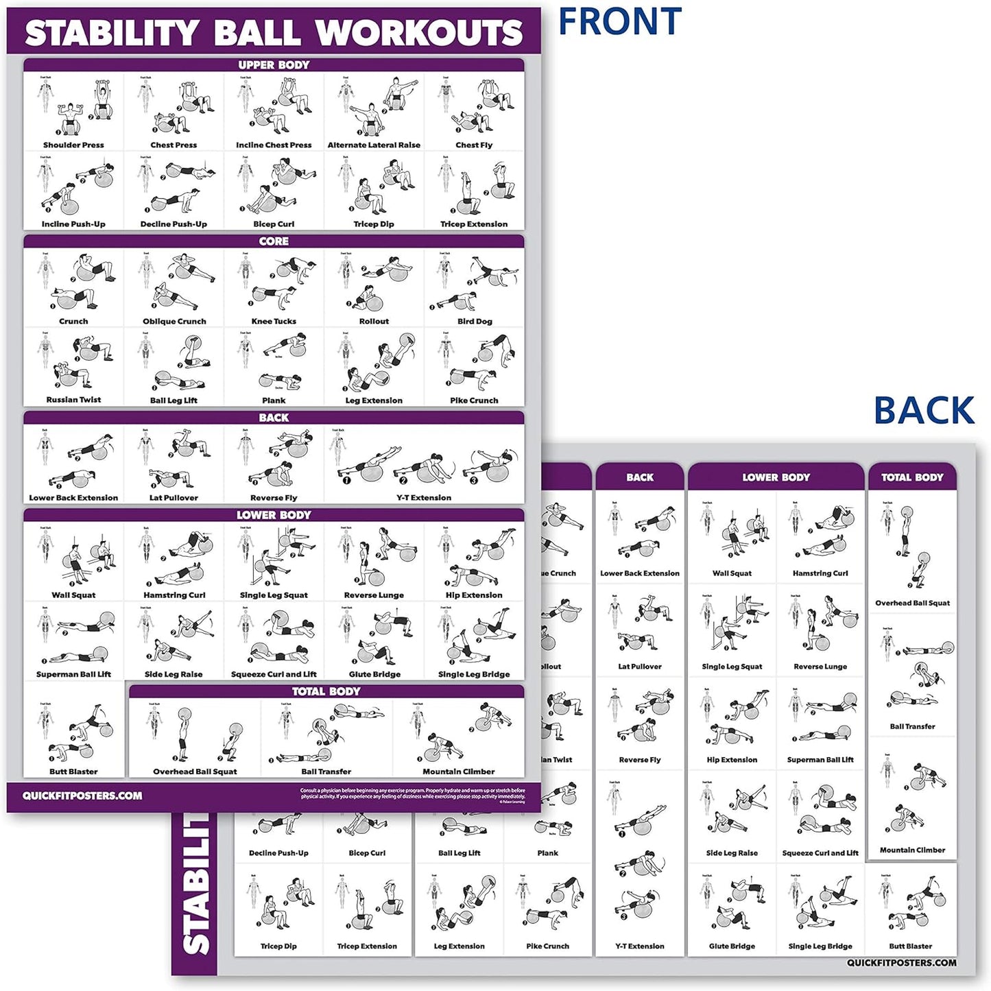 10 Pack - Exercise Workout Poster Set - Dumbbell, Suspension, Kettlebell, Resistance Bands, Stretching, Bodyweight, Barbell, Yoga Poses, Exercise Ball, Muscular System (PAPER, NON LAMINATED,18" x 24")