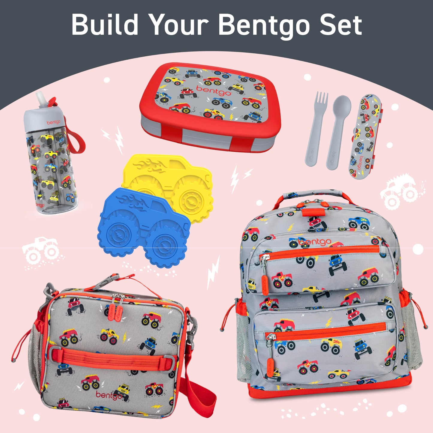 Bentgo Kids Water Bottle - Leak-Proof, Durable Tritan PFAS- & BPA-Free 15 fl oz, Kids/Toddlers Ages 3+ for School & Sports; Bite & Sip Spout, Carrying Handle, Dishwasher Safe (Trucks)