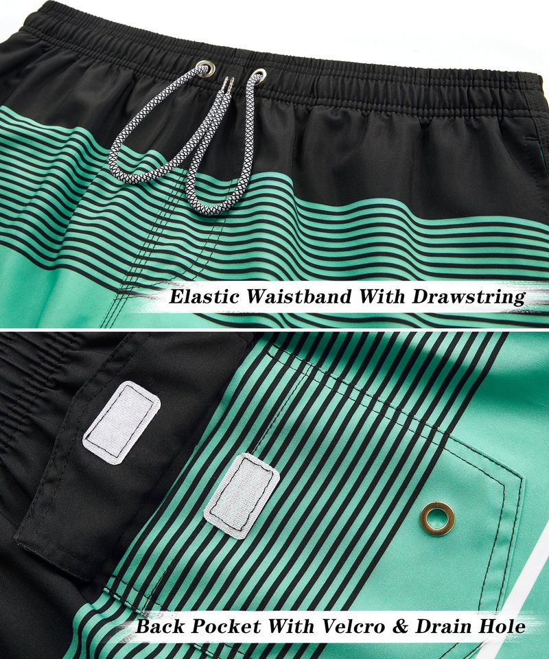 ELETOP Men's Swim Trunks Quick Dry Bathing Suit Swimming Board Shorts Mesh Lining Beach Swimwear Stripe Green L