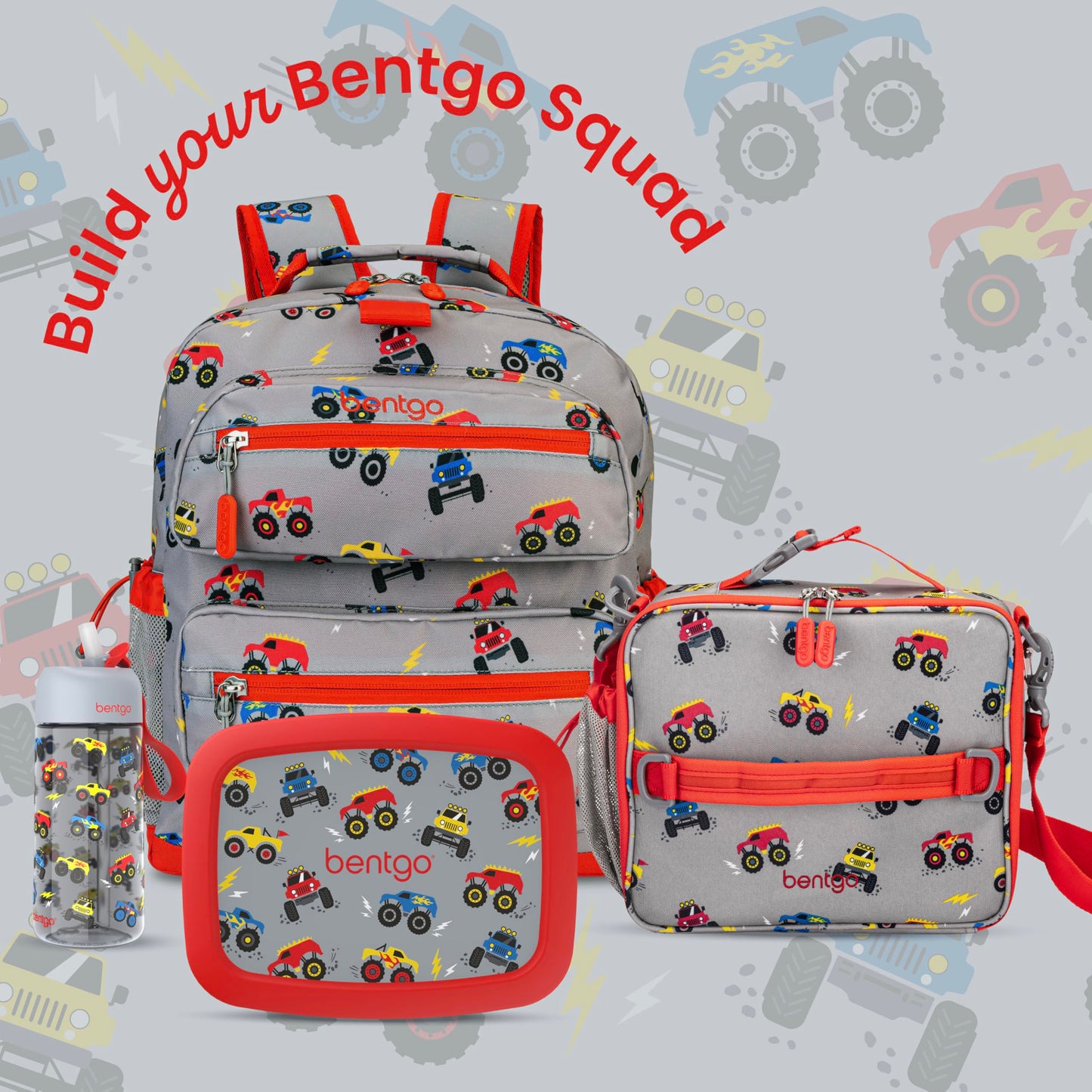 Bentgo Kids Backpack - Lightweight 14” Backpack in Fun Prints for School, Travel, & Daycare, Ideal for Ages 4+, Roomy Interior, Durable & Water-Resistant Fabric, & Loop for Lunch Bag (Trucks)
