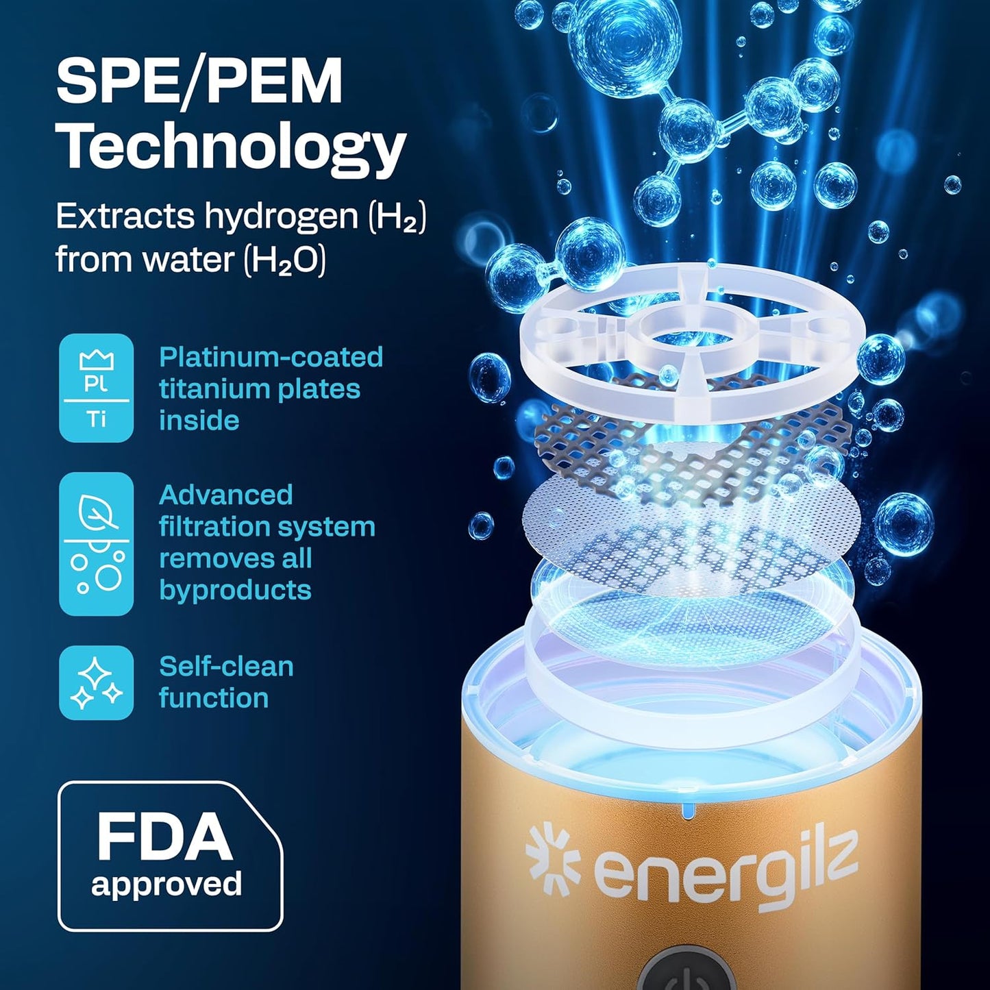 Hydrogen Water Bottle | Large 16.2 oz (480 ml) Hydrogen Water Bottle Generator 3000ppb | Hydrogenator Machine | SPE/PEM Hydrogenated Ionizer Generator (Steel w/Black)