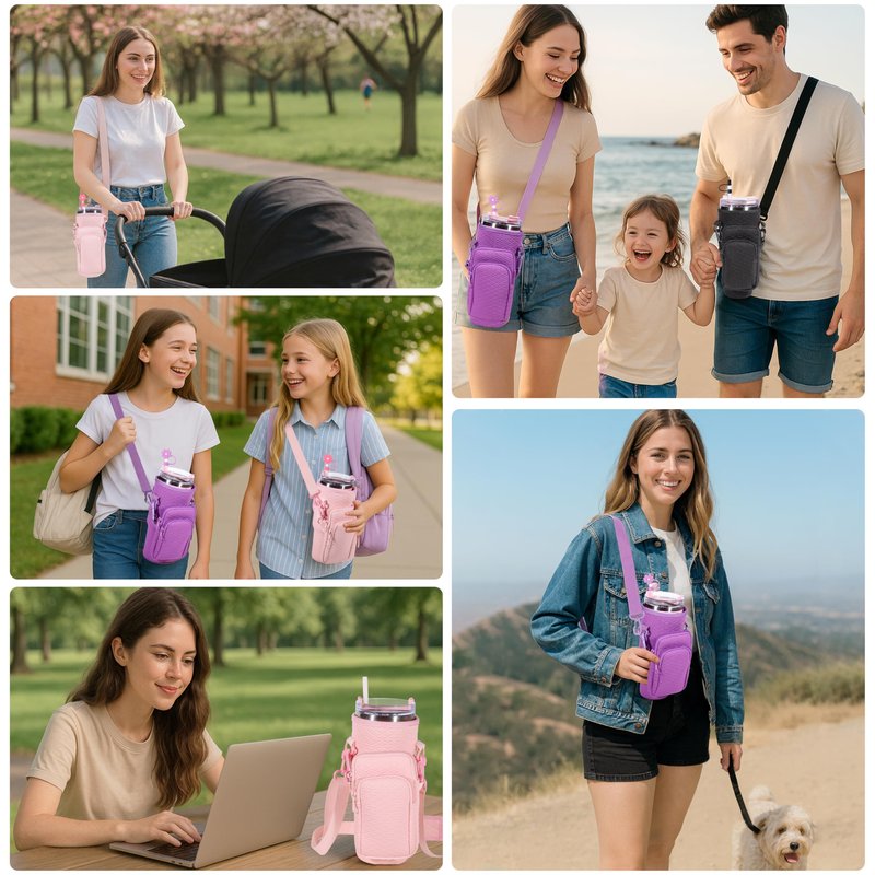 &And Per Se Water Bottle Shoulder Bag for Women, Neoprene Carrier with Phone Pocket & Pink Charm, Adjustable Crossbody Strap Fits Stanley 30oz Tumblers, Gift for Her (Pink)